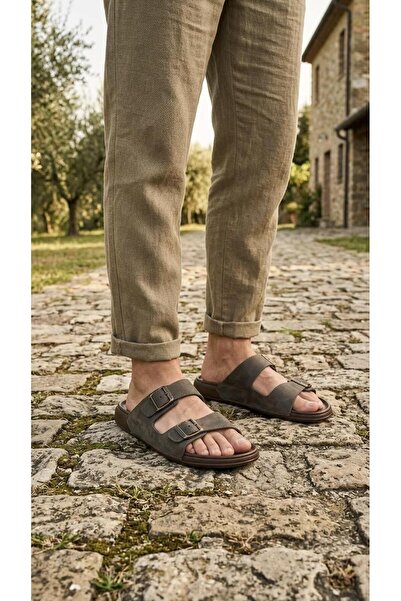 Sinem Çeyiz Wtt 54201 Men's Khaki Large Size Double-Strapped Soft Sole Slippers