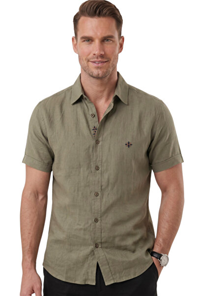 DeepSEA Khaki Flamed Linen Men's Shirt – Summer 100% Cotton Relaxed Fit 2602652