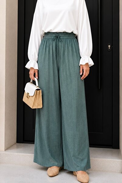 İmajButik Πράσινο παντελόνι με ελαστική μέση και φαρδιά μπατζάκια
