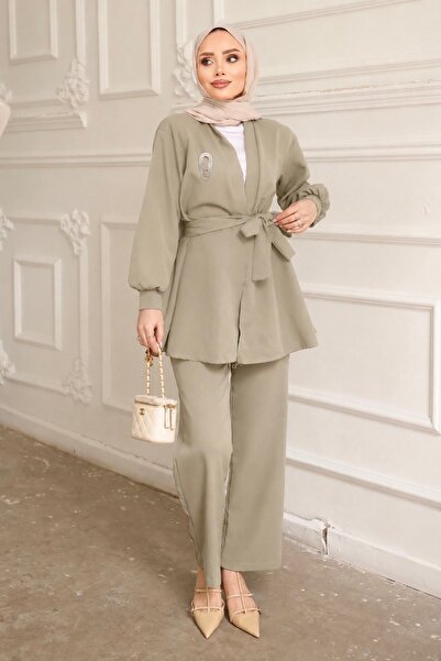 İmajButik Olive Yaka Bronş Detaylı Tunik Pantolonlu Takım