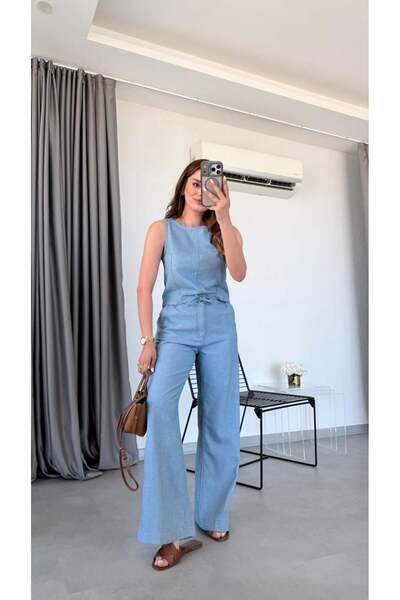 pelin yıldız butik Mavi Givora Sırtı Fermuarlı Bluz Pantolon Takım
