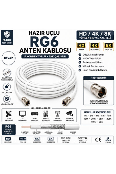 Hünka Hazır Uçlu 1 Metre RGU-6 Anten Kablosu El İşçiliği F Konnektörlü HD 4K ...