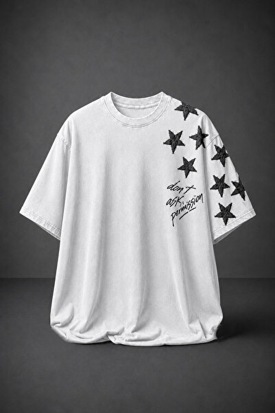 Slatra Men's White Permission Appliqué Embroidered Oversize Tshirt