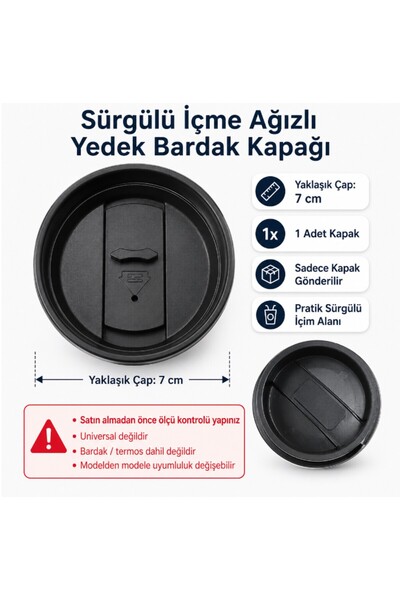 esdekor Sürgülü İçme Ağızlı Siyah Yedek Bardak / Termos Kapağı 7 cm - 1 Adet