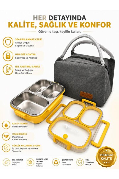 valkyrie 304 Paslanmaz Çelik 3 Bölmeli Sarı Lunch Box Termal Çantalı – Sızdırmaz Kapaklı Beslenme Kabı,