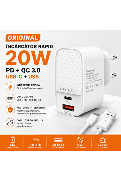 Original Încărcător Rapid 20W USB-C PD + USB QC 3.0, Cablu Type-C Inclus, Dua...