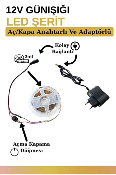 Mandaş 3 Metre Günışığı Şerit Led Tam Set 3000K 12V Adaptörlü Aç Kapa Düğmeli...