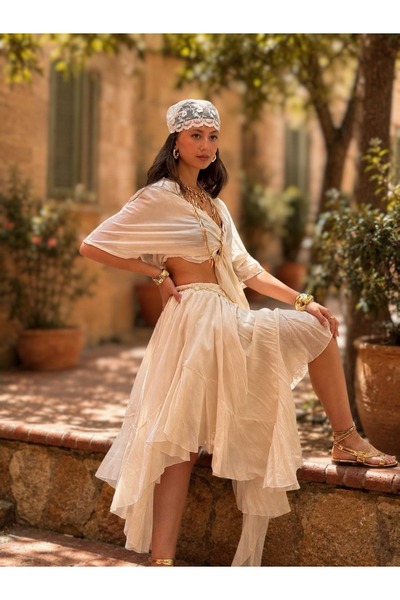 Hazinedan Women's Authentic Stella Bolerol Asymmetric Raw Bohemia Double Set