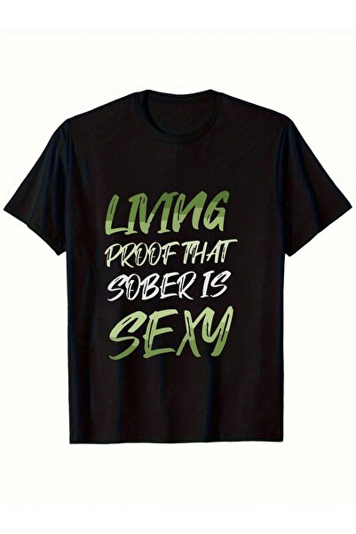 BASEPULSE تي شيرت رجالي بطبعة "LIVING PROOF THAT SOBER IS SEXY"، قميص بقصة مر...