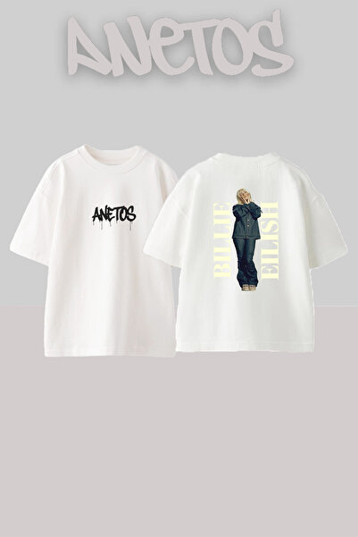 Anetos تي شيرت أبيض كبير الحجم مطبوع بتصميم Billie Eilish_89 للجنسين