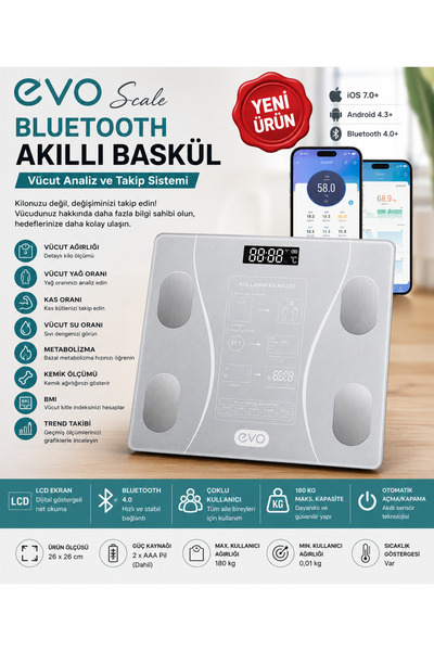 Evo Scale Bluetooth Akıllı Baskül – Vücut Analiz ve Takip Sistemi