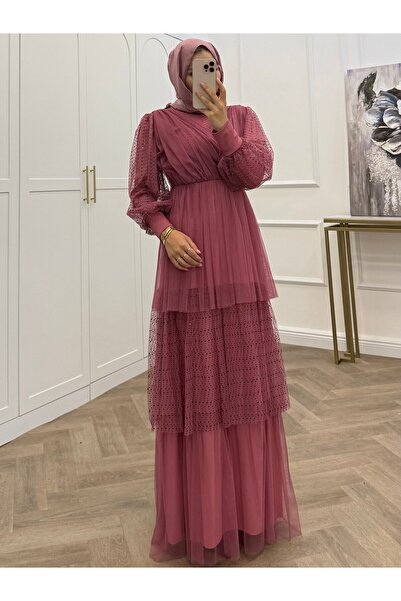 bezenstore KATLI PAYETLİ TÜL GÜL KURUSU ELBİSE