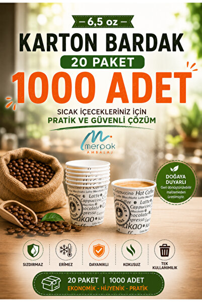 Merpak Ambalaj Karton Bardak 6,5 Oz 1000 Adet Erimez Dayanıklı Kağıt Bardak Sızdırmaz Kullan At Bardak 1000'li