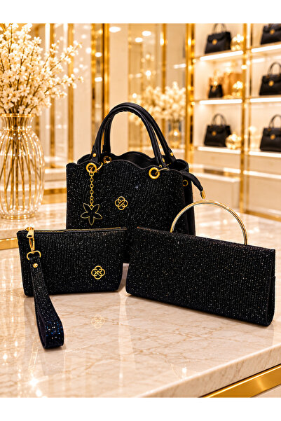 3-Piece Women's Bag Set Black Glitter Fabric Detailed Hand and Shoulder Bag Portfolio Bag Boxed Gift Set