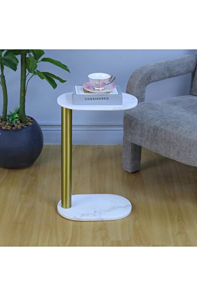Al Hadaya Mall Oval Marble Service Table with Gold Column-37X24X58Cm