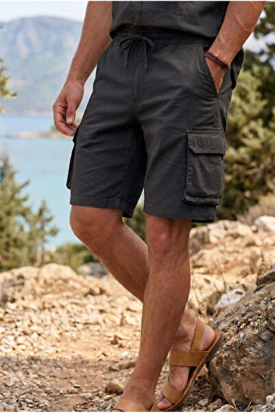 TheSeason Erkek Kargo Cepli Beli Lastikli Comfort Fit Pamuklu Esnek Siyah Şort