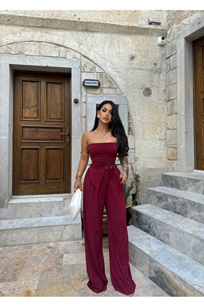 kırmızı butiks Burgundy Eva Side Gathered Strapless Set