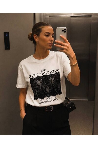 HepsitrentStore White Color Lace Printed Basic T-Shirt