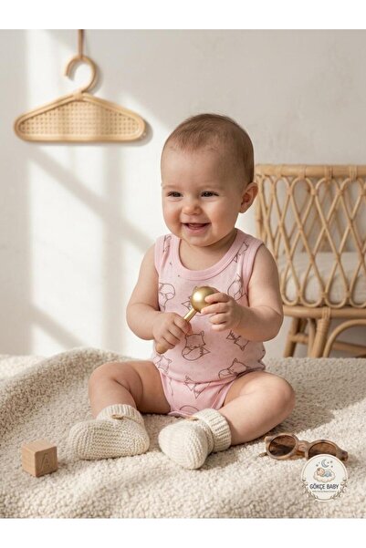 Gökçe Baby Baby Pink Cute Fox Patterned 100% Cotton Openwork Strap Bodysuit /...