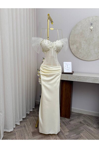 CACHE MONNEY "Elva" Evening Dress Off White with Transparent Corset