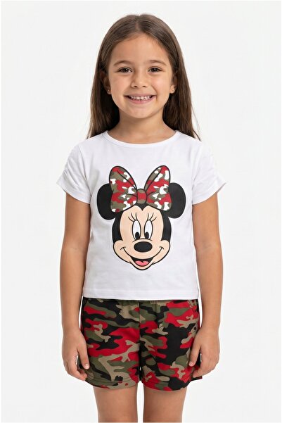 MAVİ BONCUKK Girl's Character Printed T-Shirt Camouflage Shorts Set
