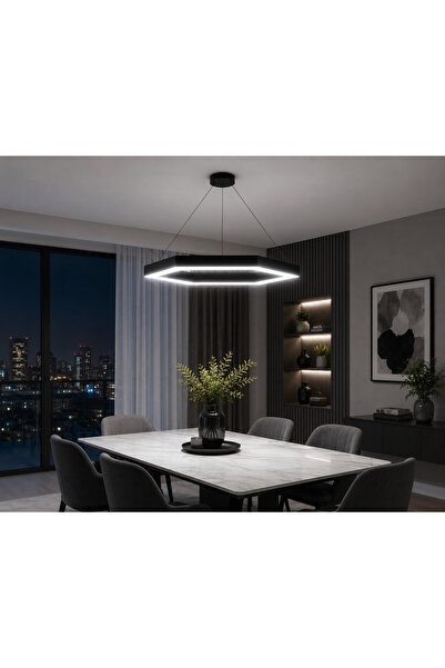 redpool24 90 cm Siyah Altıgen Lineer LED Avize Modern Sarkıt Mutfak Yemek Mas...