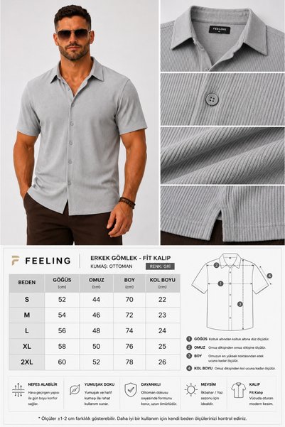 MARKATEM Feeling Men's Modern Fit Rib Textured Summer Shirtcomfort Series