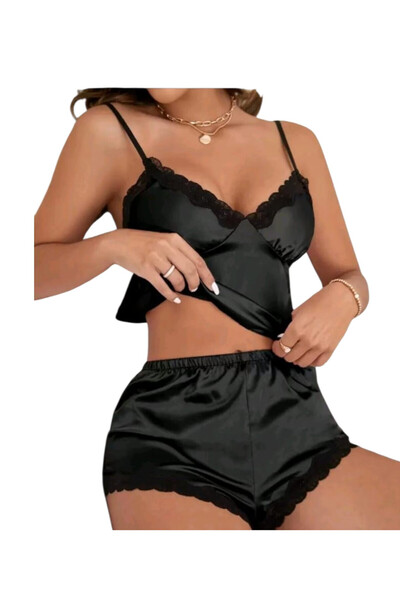 OEM Pijama neagra, din satin, cu dantela, pantalon si top, M