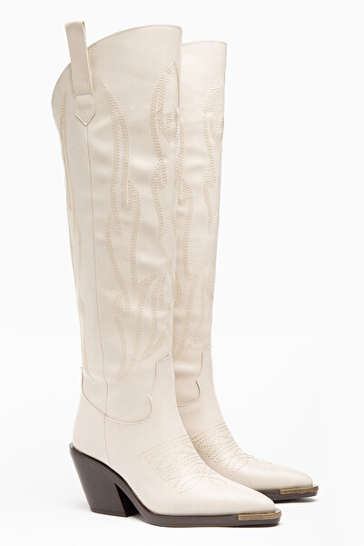 DENORA Beige Cream Leather Matte Leather Metal Toe Cap Embroidered Above-Knee...