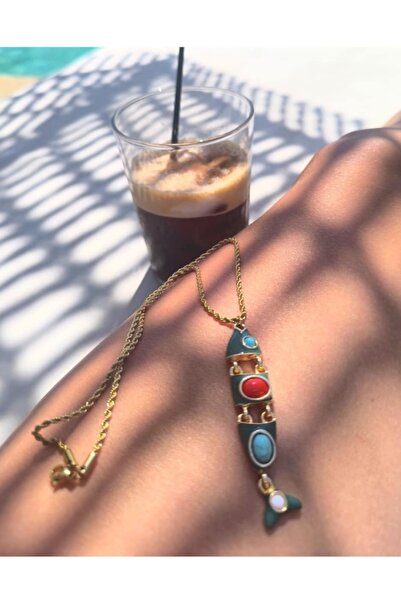 Handmade Χρυσό ατσάλινο κολιέ με μεταλλικό ψάρι