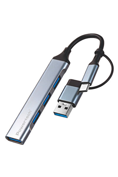 POWERTECH USB hub PTR-0206, 4x θυρών, USB 3.0, 5Gbps, USB & USB-C σύνδεση, γκρι