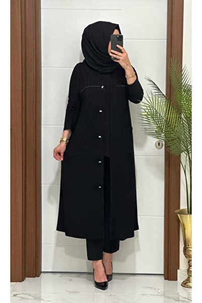 MODA ALMİRA 6457 SİYAH FİLE DETAY CEPLİ UZUN YELEK