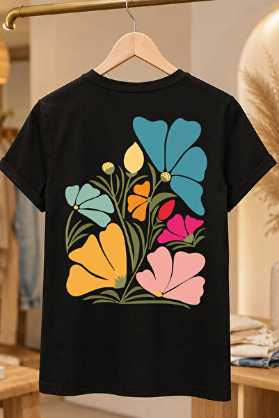 Spoyi Pastelna flora dizajnirana 100% pamučna polu-oversize crna majica