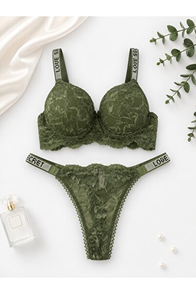 Gold Night Women's lace rhinestone underwire padded push-up bra and panty set...
