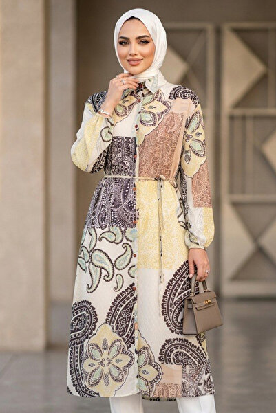 N.S NEVA STYLE Shirt Collar Patterned Black Hijab Tunic 95733S