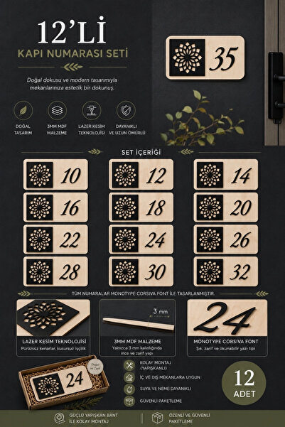 ERDİZDEN Set of 12 Wooden Door Numbers |   3 mm Mdf Laser Cutting - Maple