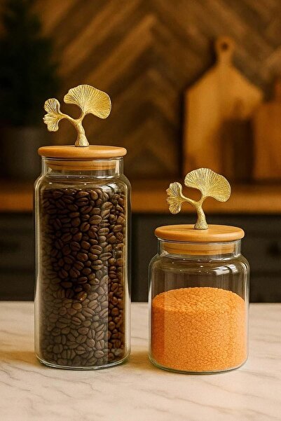 Yıldızan Nht Shop 2-Piece Gold Metal Ginkgo Figured Glass Jar with Bamboo Lid...