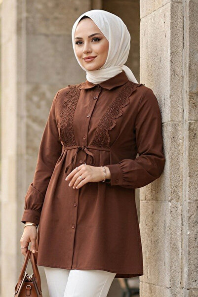 N.S NEVA STYLE Lace Detailed Brown Hijab Tunic 20384Kh