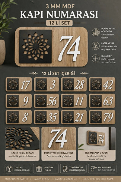 ERDİZDEN Set of 12 Wooden Door Numbers |   3 mm Mdf Laser Cutting - Gediz