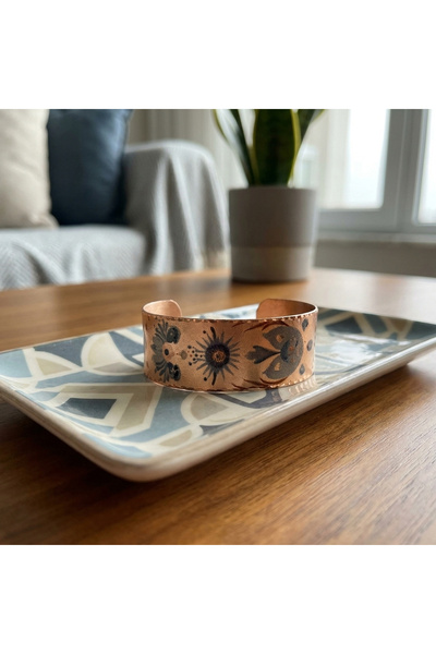 Erol Bakır Copper Blue Floral Tile Pattern Wide Adjustable Cuff Bracelet