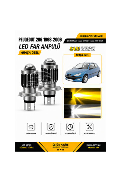 Oto Çizgi Peugeot 206 1998-2006 H4 LED Far Ampulü Sarı-Beyaz Işık Canbus Mini...