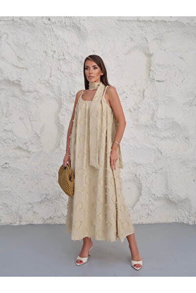 Paw Garage Women's Elowa Linen Floral Pattern Effect Scarf Midi Dress