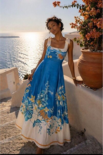 aspirin fashion BOHEM OMUZ BAĞLAMALI MAVİ DESENLİ UZUN ELBİSE