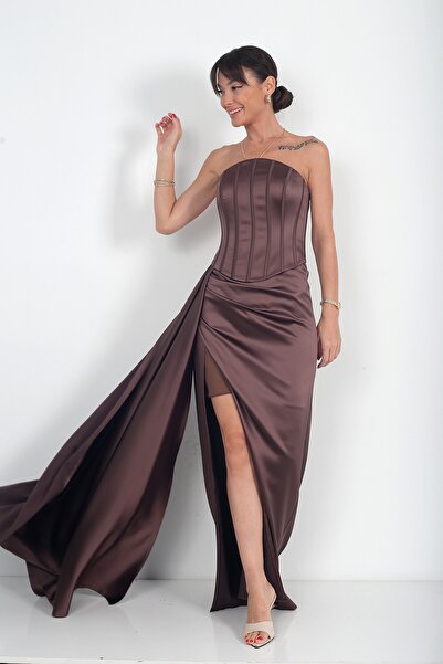 By Saygı Women's Strapless Lined Long Satin Dress with Side Handkerchiefs and...