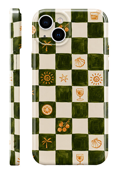 WANNA PROTECT iPhone 15 Olive Checker Protect Slim Parlak Tam Kaplayan Baskı ...