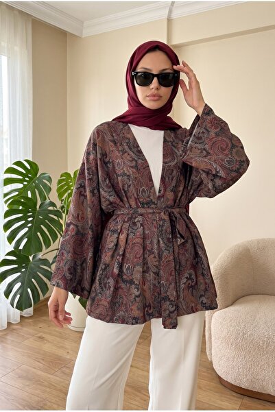 LENFORA Bağcıklı Etnik Desenli Kimono -Kahverengi