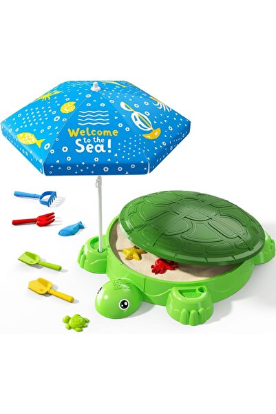 Matadi Set umbrela si cutie de apa si nisip copii Green Turtle cu piese modul...