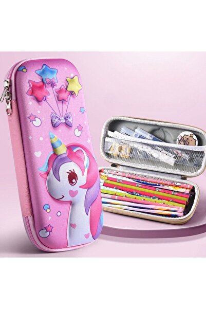 idei Cutie de Pixuri Rigidă cu Imprimeu 3D Unicorn Roz Pastel, Dimensiuni 21,...