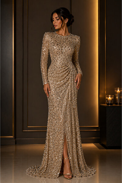 AREEJ FASHION Luxury Sparkle Sequin Champagne Evening Dress