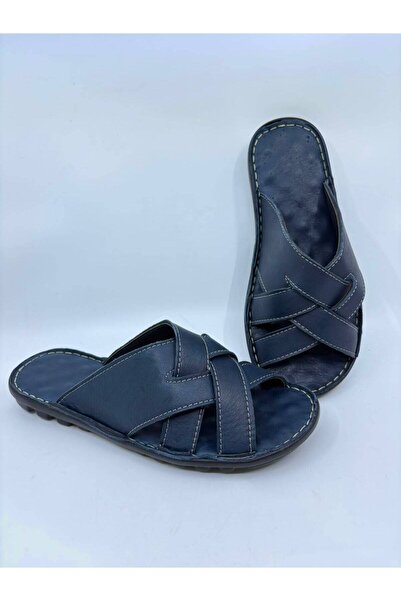 Papuccu Dark Blue Genuine Leather Men's Slippers
